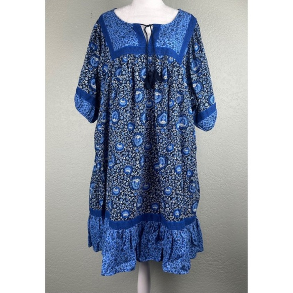 Old Navy Mini Dress Women Size 3X Blue Floral Tie Front Boho Cottagecore Prairie